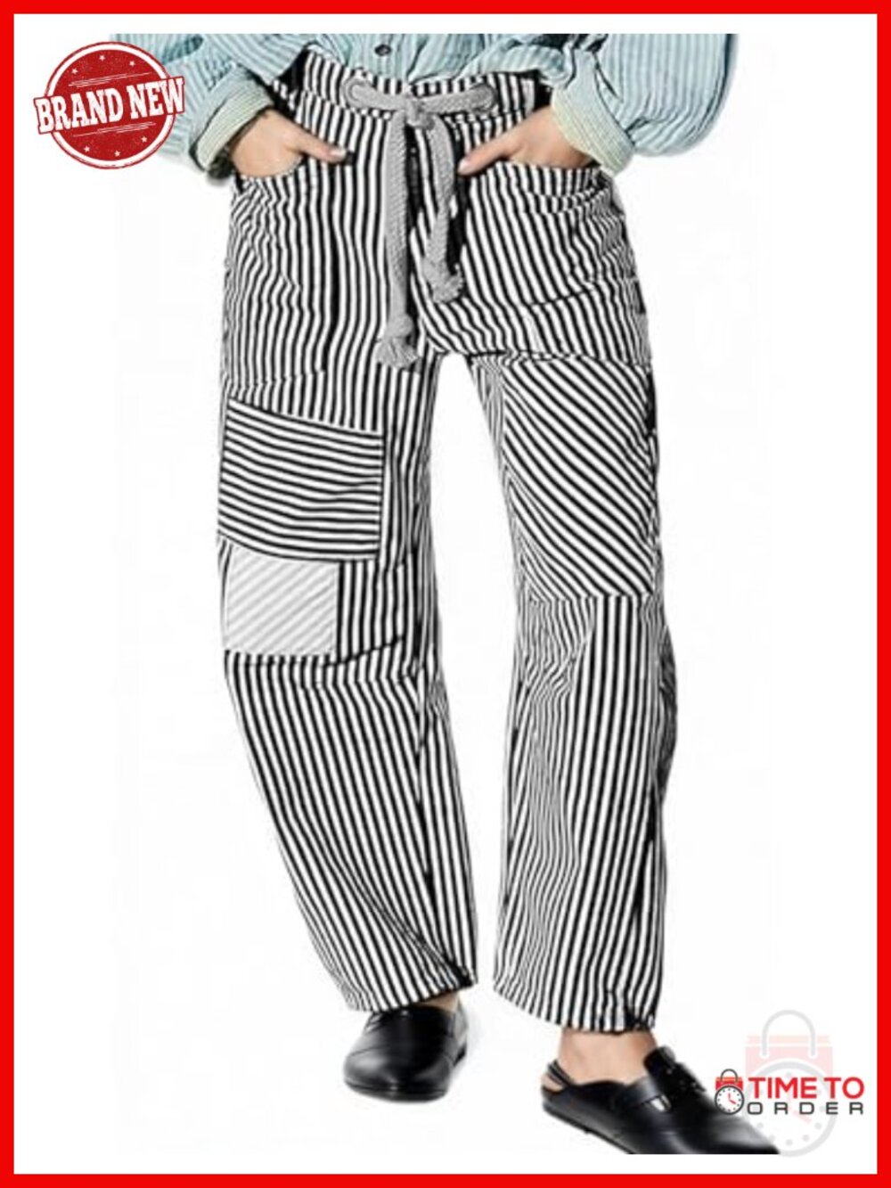 Mid Rise Barrel Jeans Striped Drawstring Patchwork Wide Leg Denim Pants